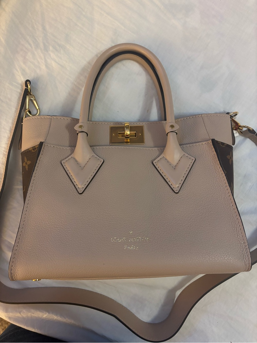 Louis Vuitton Taupe and Monogram Leather Satchel with Gold Hardware